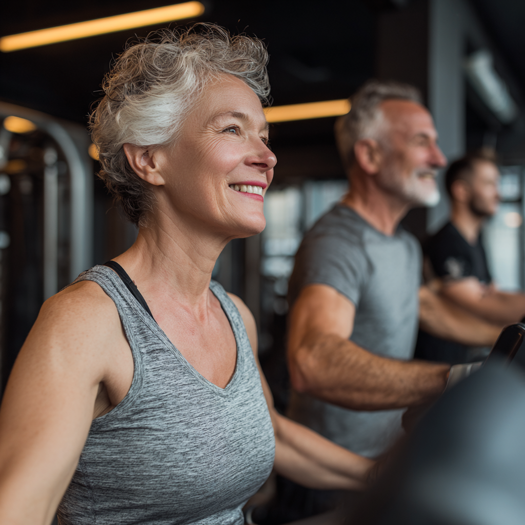 mature fitness enthusiasts exercising together in modern gym