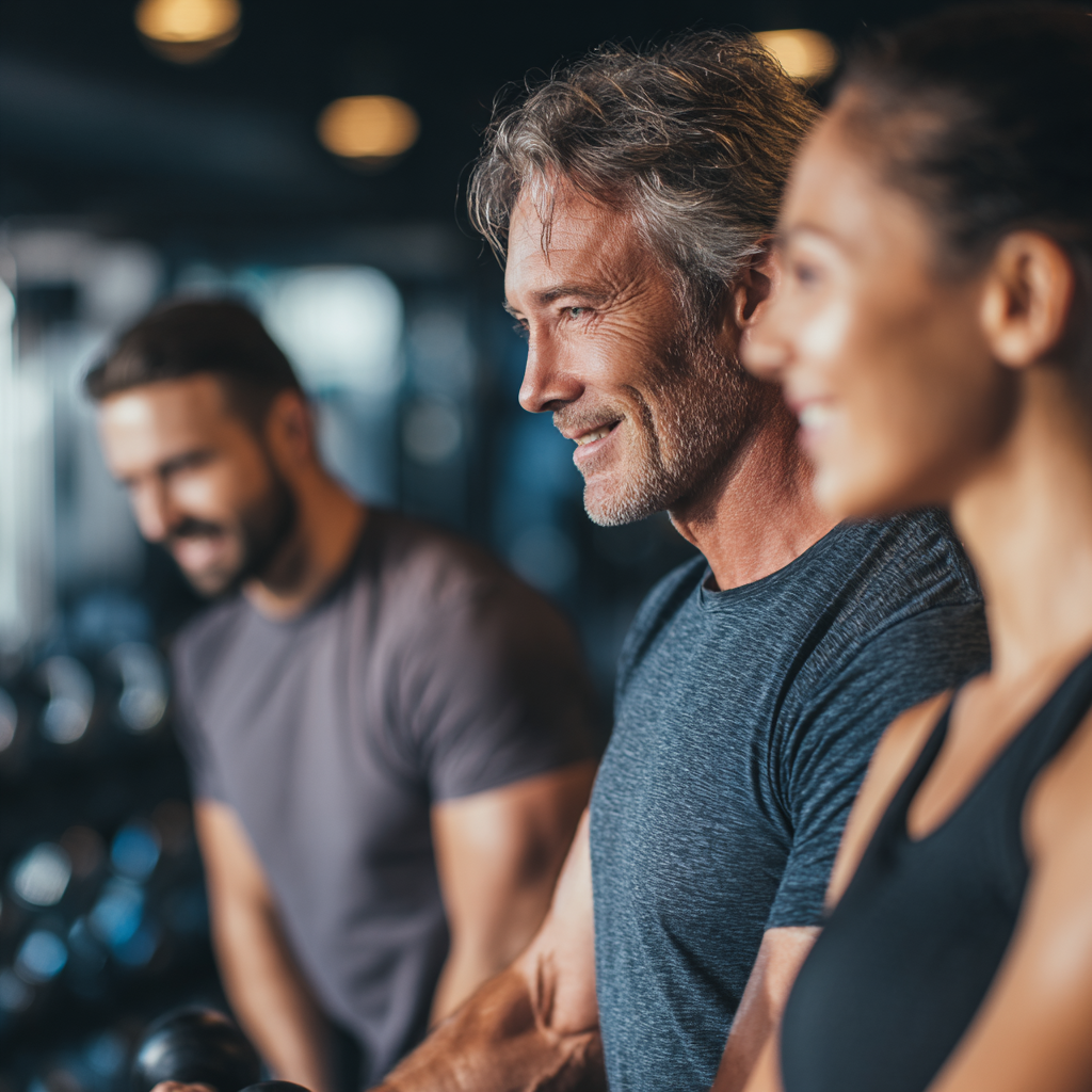 middle-aged adults working out with professional trainer in well-equipped fitness studio